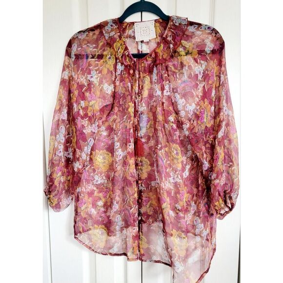Johnny Was Jade XS‎ "Micah" 100% Silk Peasant Blouse Sheer Maroon LS Floral - Picture 1 of 7